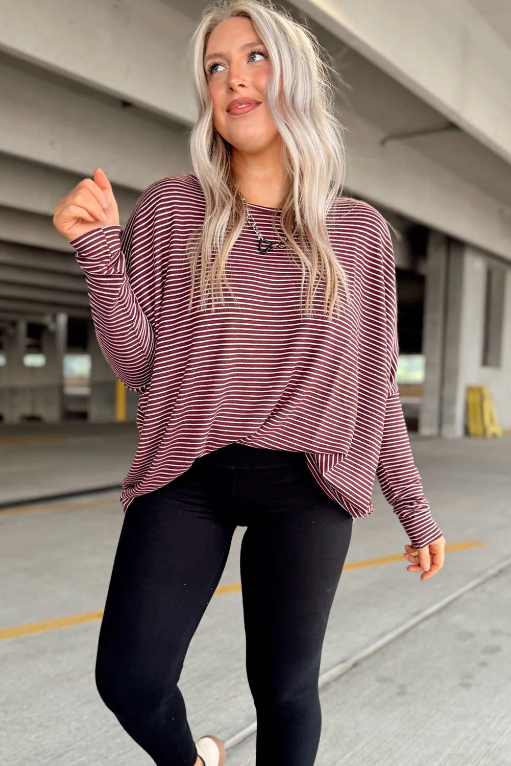 Red Stripe Round Neck Dolman Long Sleeve Top
