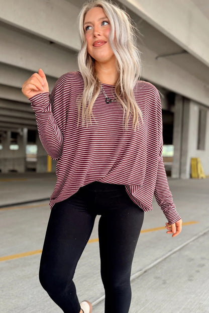 Red Stripe Round Neck Dolman Long Sleeve Top