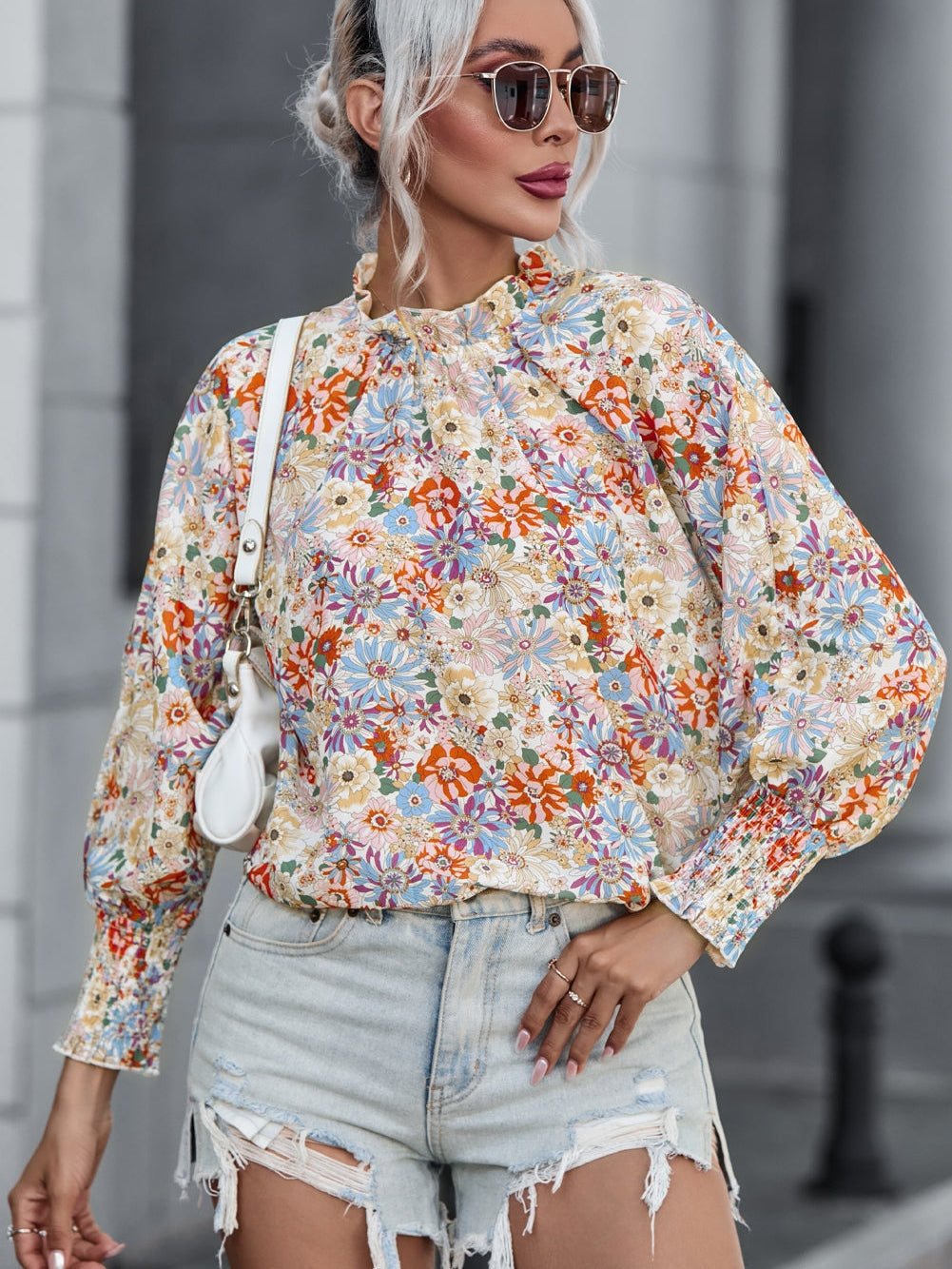 Floral Charm Multicolor Bubble Sleeve Blouse