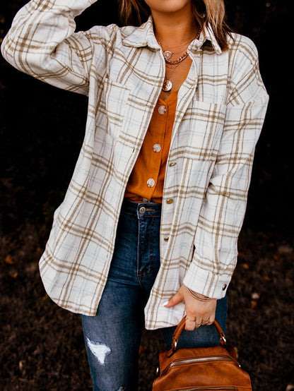 Khaki Plaid Button-Up Shirt Jacket with Side Slits