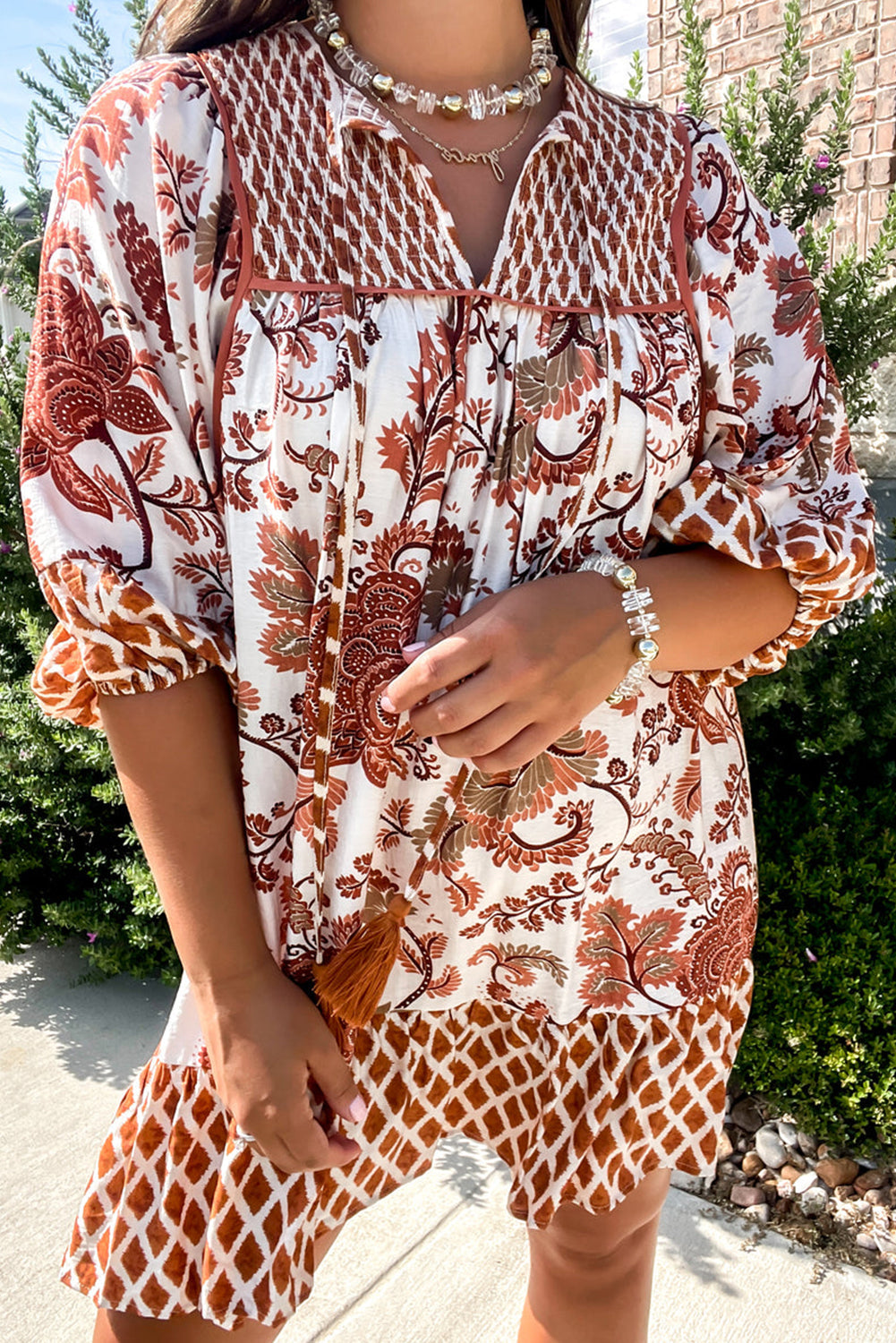 Brown Plus Floral Mixed Print Patchwork Tie Split Neck Half Sleeve Loose Mini Dress