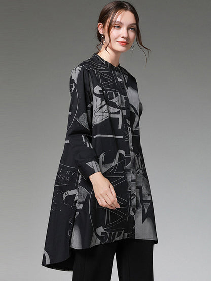 Plus Blouses - Size Curve Blouses Stand Collar Fashion Printed Long Sleeve Blouse - MsDressly