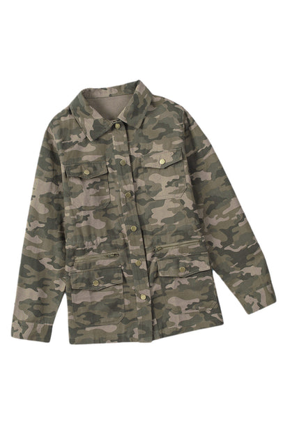 Green Camouflage Print Utility Jacket with Button Closure and Multiple Pockets