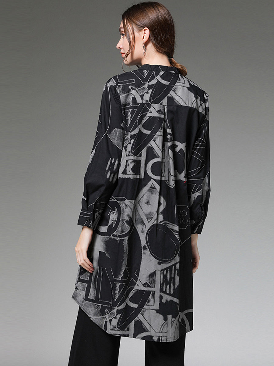 Plus Blouses - Size Curve Blouses Stand Collar Fashion Printed Long Sleeve Blouse - MsDressly