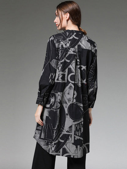 Plus Blouses - Size Curve Blouses Stand Collar Fashion Printed Long Sleeve Blouse - MsDressly