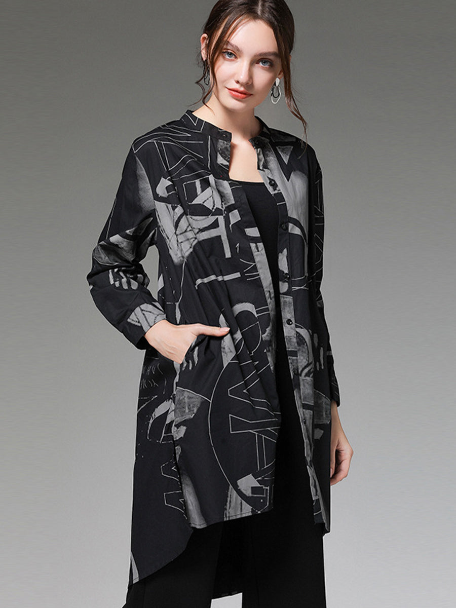 Plus Blouses - Size Curve Blouses Stand Collar Fashion Printed Long Sleeve Blouse - MsDressly