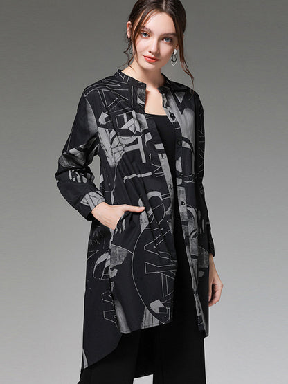 Plus Blouses - Size Curve Blouses Stand Collar Fashion Printed Long Sleeve Blouse - MsDressly