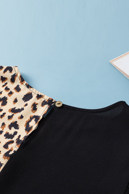 Elegant Black Leopard Ruffle Sleeve Plus Size Top