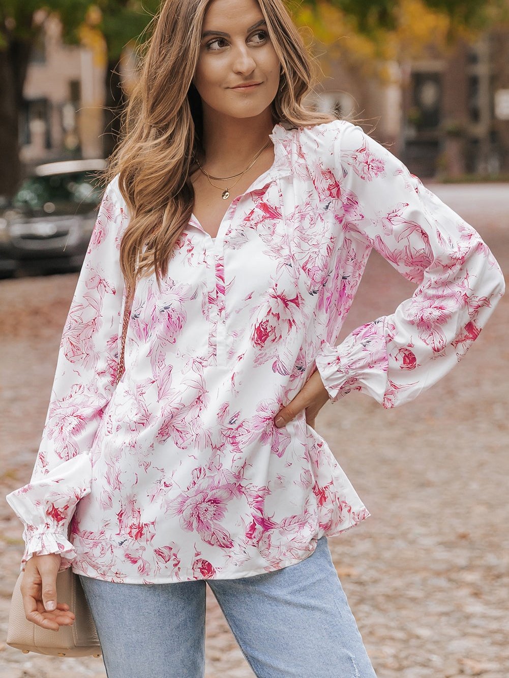 Floral Blossom V-Neck Ruffle Sleeve Blouse