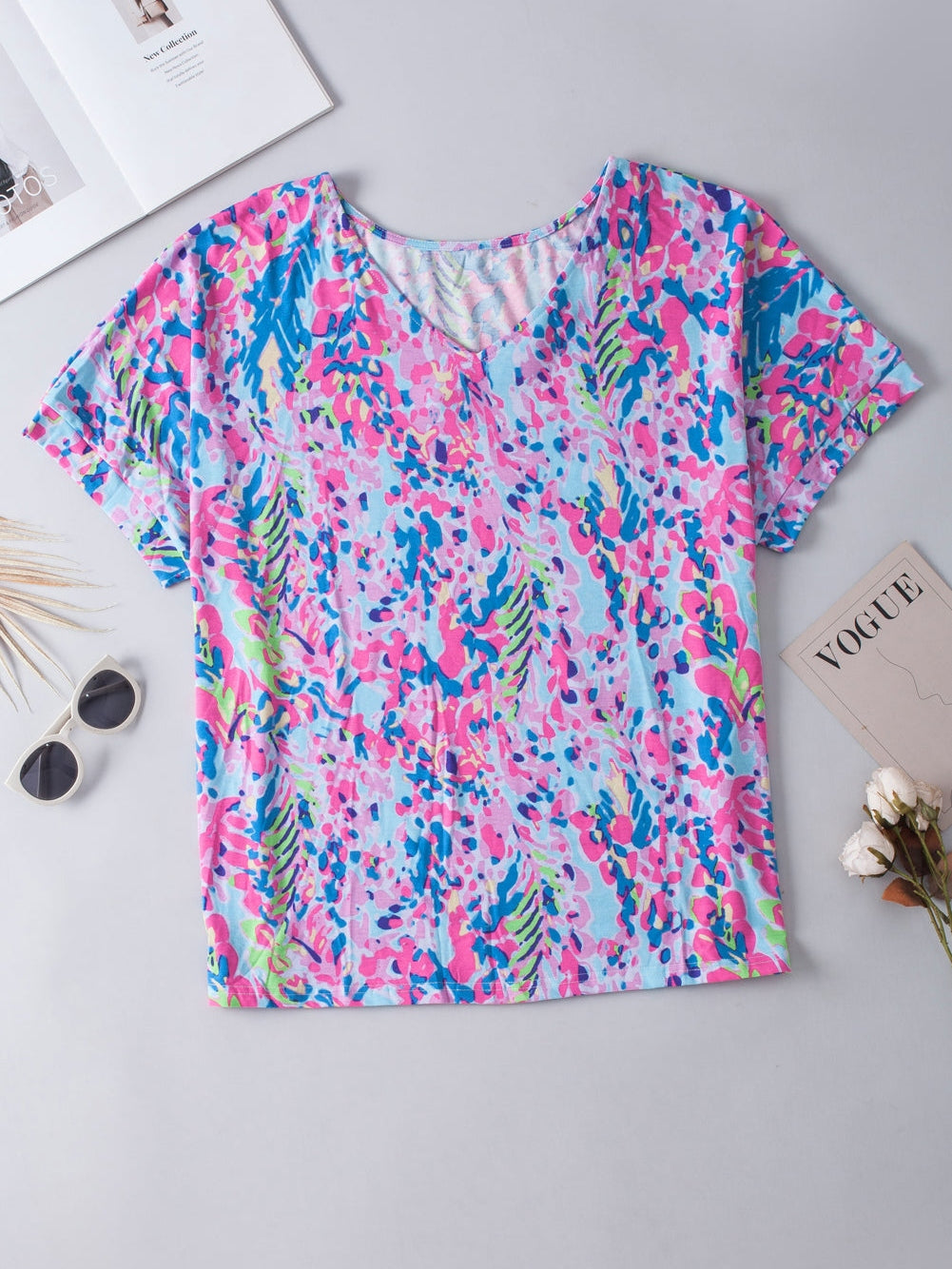 Sky Blue Floral Print Ruffle Sleeve Plus Size V Neck Top