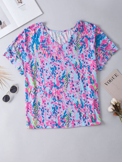 Sky Blue Floral Print Ruffle Sleeve Plus Size V Neck Top