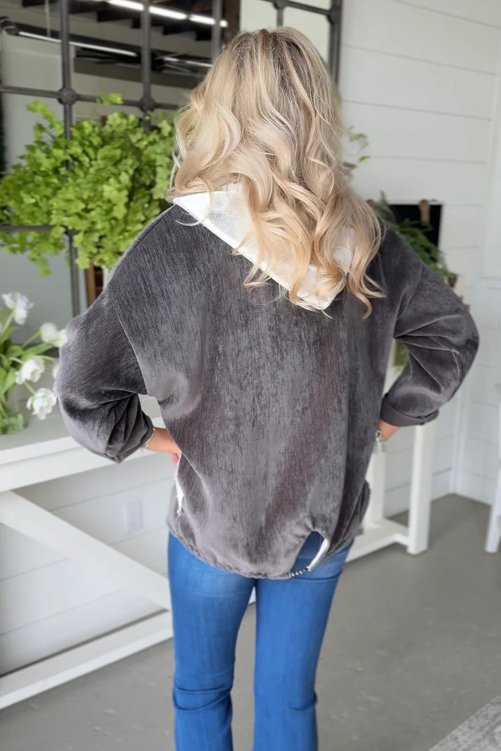 Dark Grey Sequin Beaded Star Accent Zip Up Hoodie Patchwork Jacket