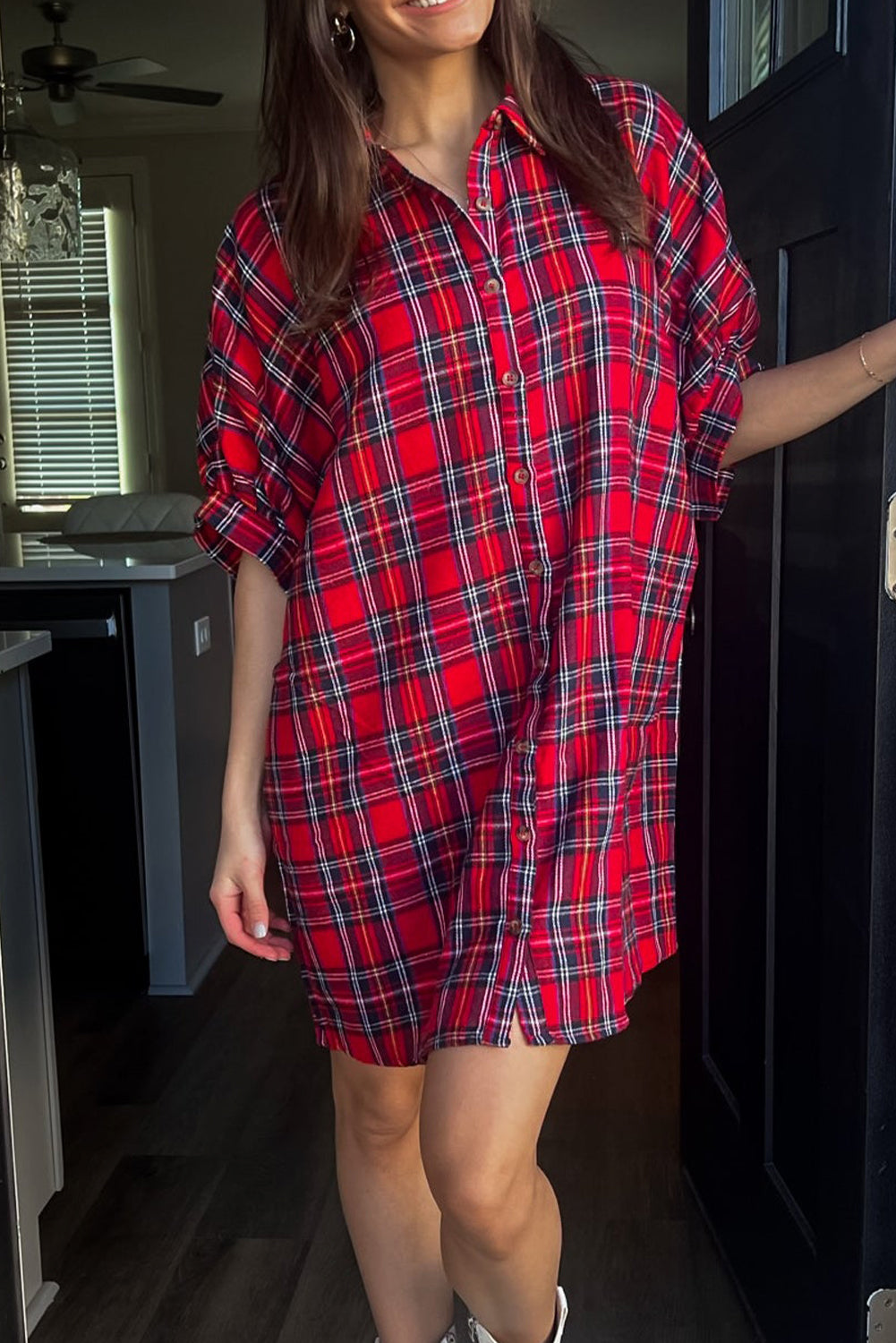 Red Plaid Half Sleeve Shift Shirt Mini Dress