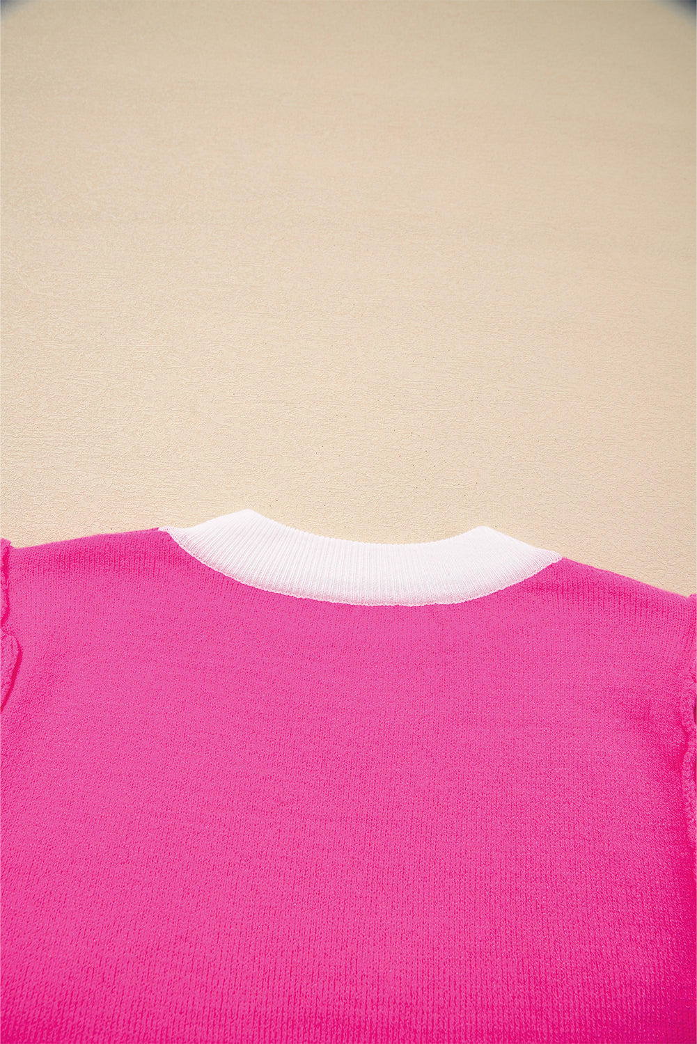 Bright Pink XOXO Tinsel Graphic Valentines Contrast Trim Crew Neck Short Puff Sleeve Sweater Tee