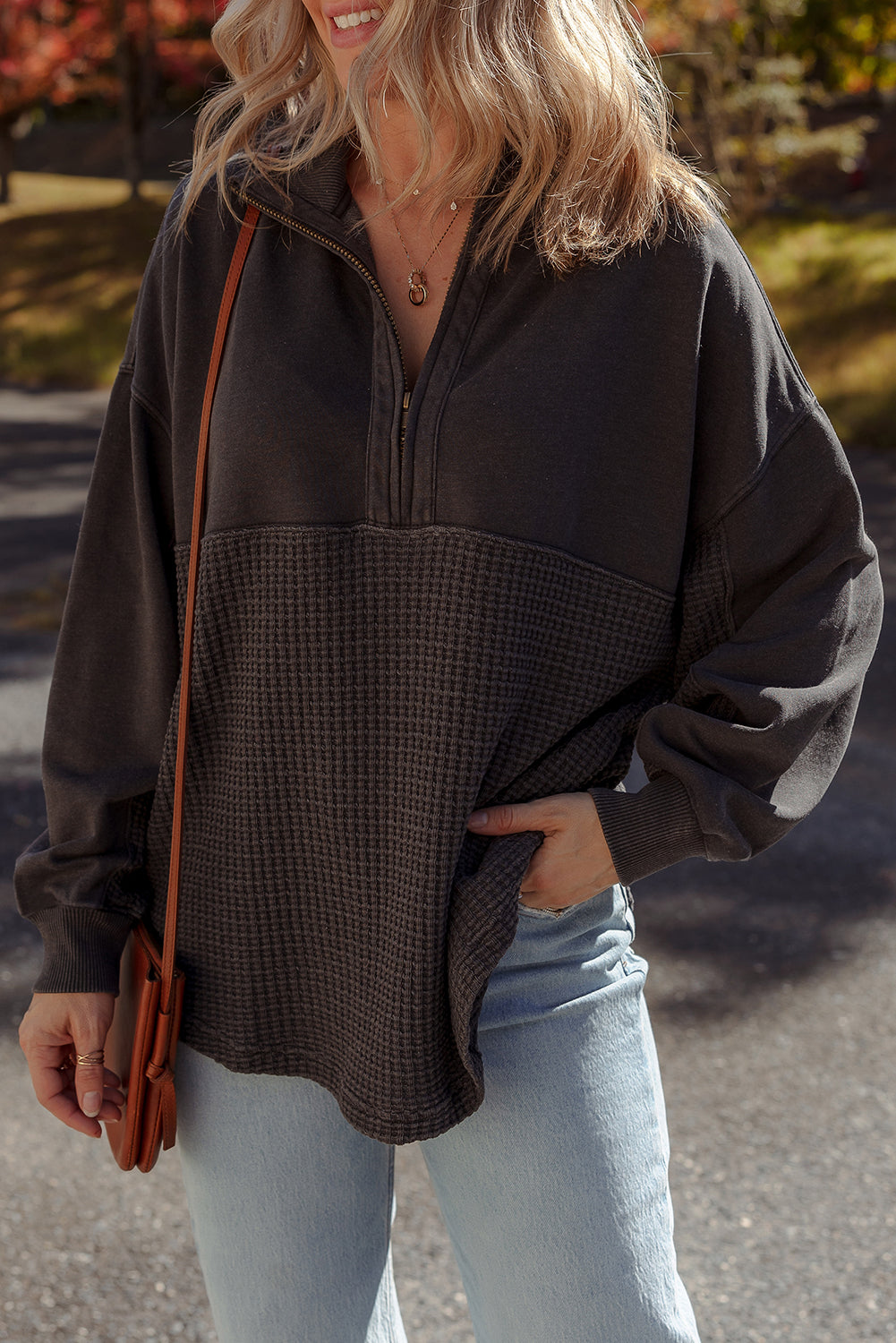 Carbon Grey Waffle Knit Patchwork Half Zipped Casual Sweatshirt