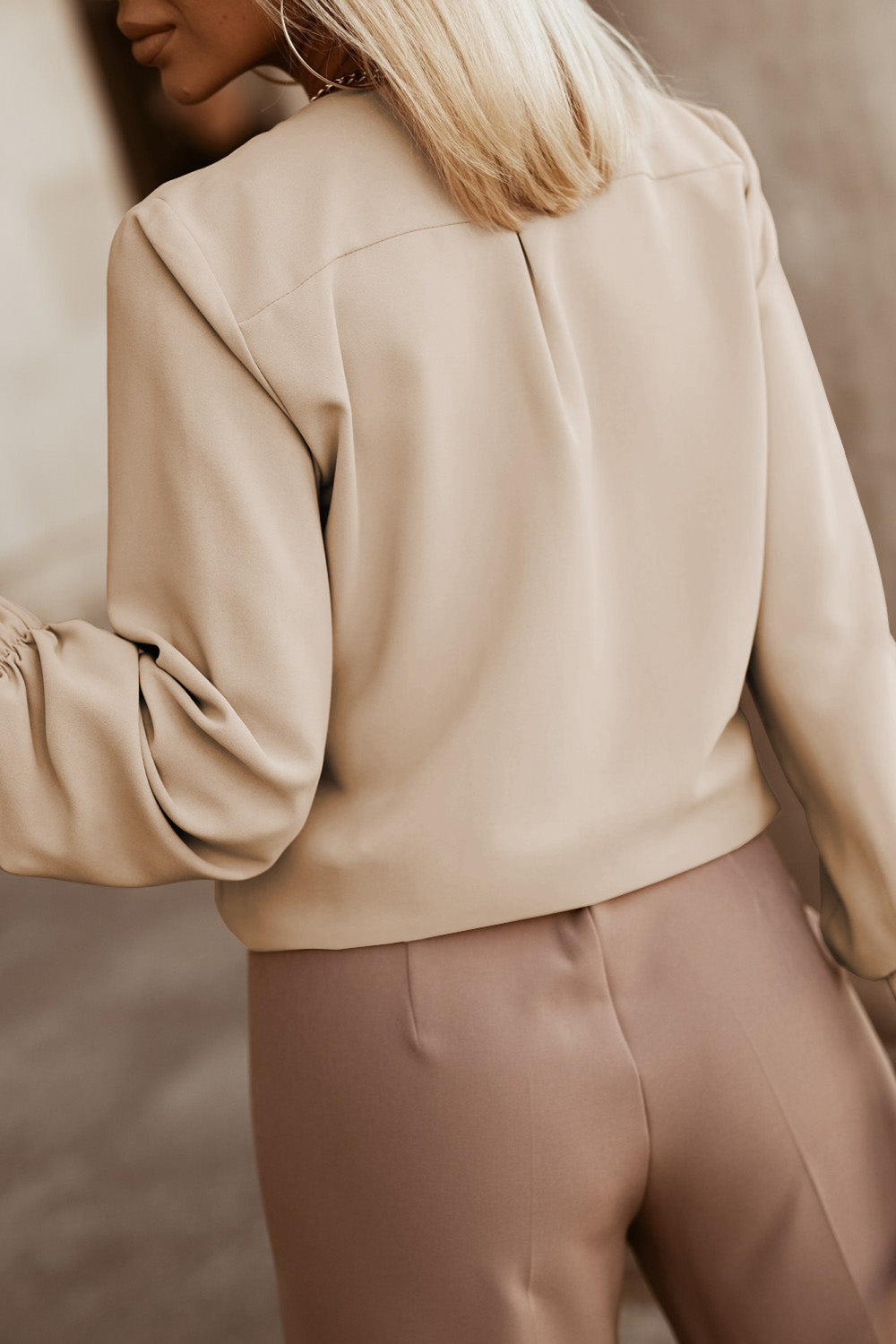 Graceful Khaki Pleated Round Neck Shirt with Puff Sleeves