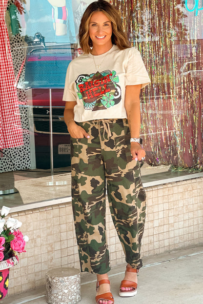 Green Camouflage Print Large Patch Pocket Barrel Jeans