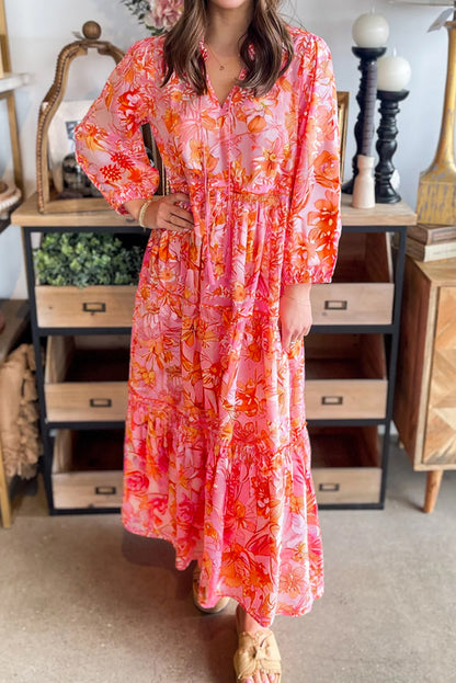 Pink Floral Long Sleeve Tassel Tied V Neck Maxi Dress