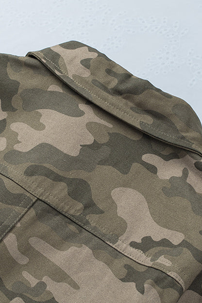 Green Camouflage Print Utility Jacket with Button Closure and Multiple Pockets