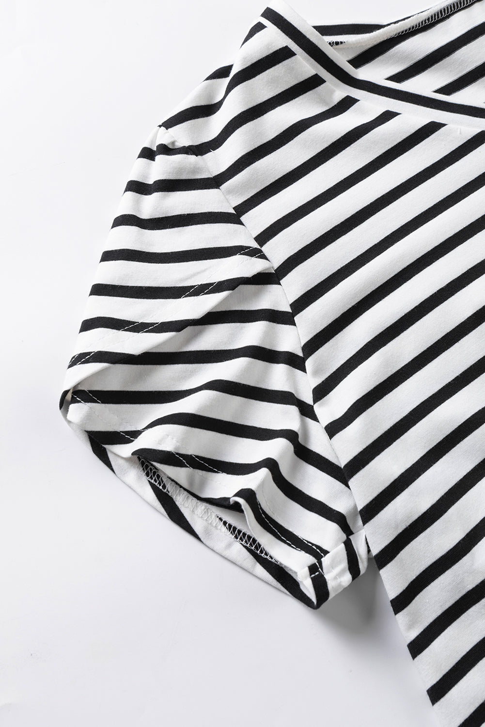 Elegant White Striped V Neck Petal Sleeve Plus Size Tee