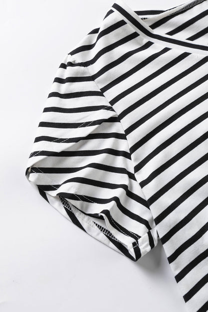 Elegant White Striped V Neck Petal Sleeve Plus Size Tee