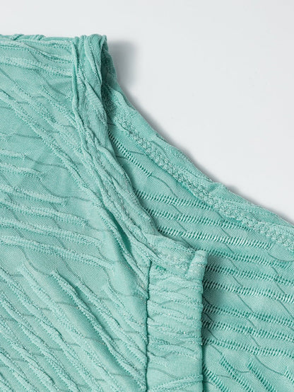 Green Textured V-Neck Casual Long Sleeve Blouse