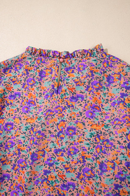 Purple Floral Allover Print Shirred Cuff Frilled O Neck Blouse