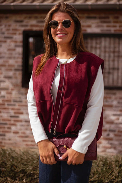 Burgundy Suede Zipped Sleeveless Vest