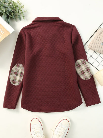 Fiery Red Plaid Trim Sweatshirt with Geometric Detail