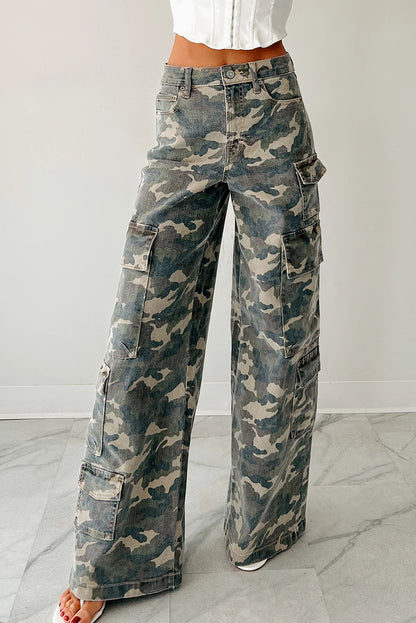 Green Camo Denim Cargo Wide Leg Pants