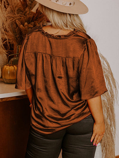 Chestnut Frilled Split Neck Plus Size Satin Blouse