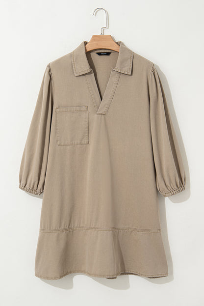 Khaki V Neck Collared Single Chest Pocket Long Sleeve Denim Shift Dress
