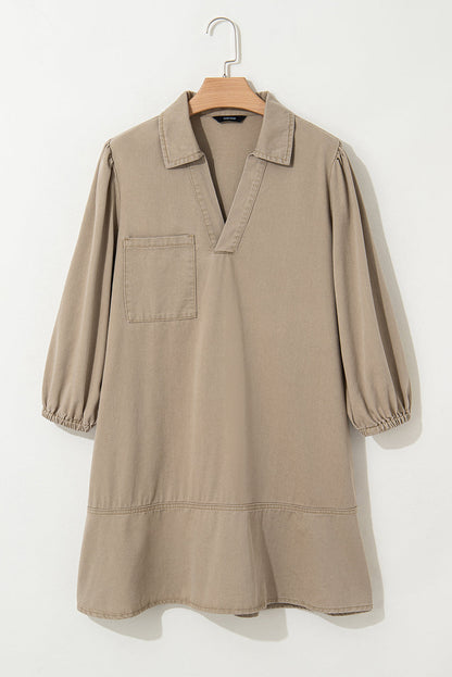 Khaki V Neck Collared Single Chest Pocket Long Sleeve Denim Dress
