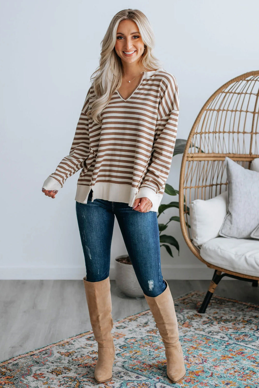 Khaki Stripe Notched V Neck Drop Shoulder Casual Top with Slits
