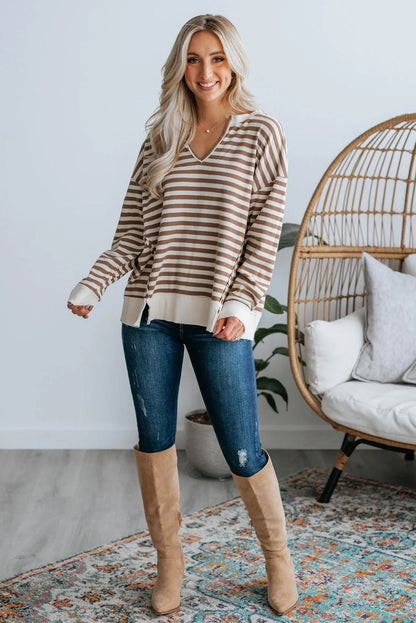 Khaki Stripe Notched V Neck Drop Shoulder Casual Top with Slits
