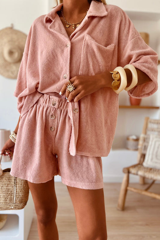 Blossom Furry Half Sleeve Buttoned Front Shirt and Shorts Loose Casual Set