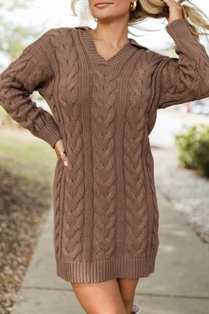 Dark Khaki Ribbed V Neck Cable Knit Mini Sweater Dress