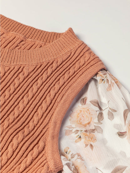 Golden Floral Patchwork Ruffled Cuff Cable Knit Sweater with Elegant Southern Belle Style