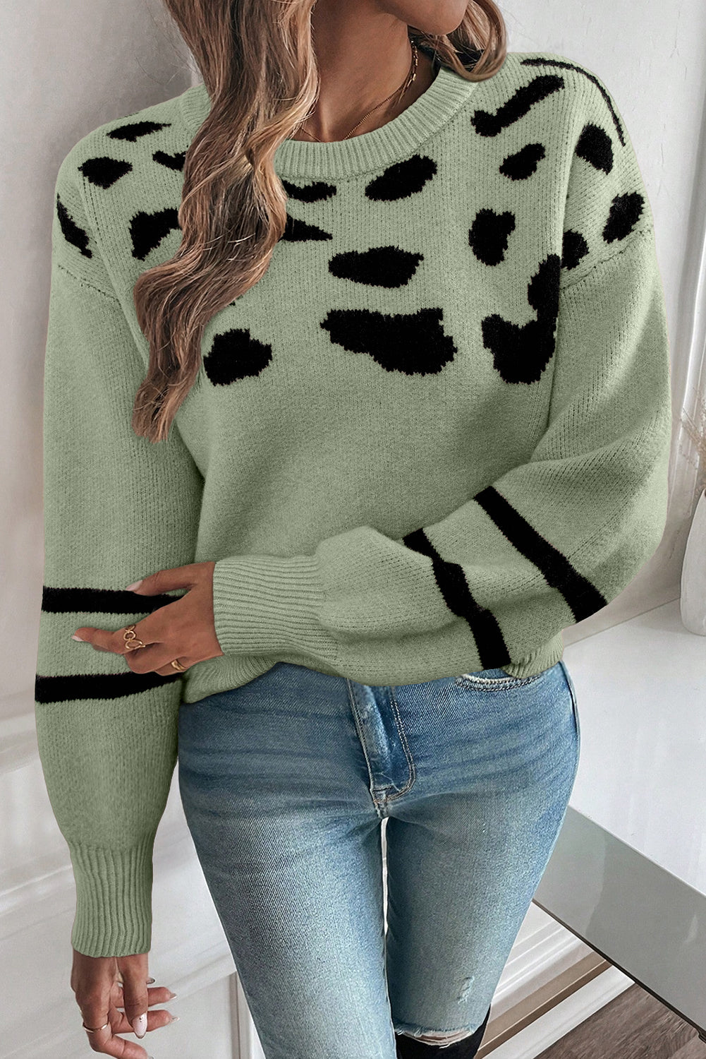 Green Leopard Striped Detail Drop Shoulder Sweater