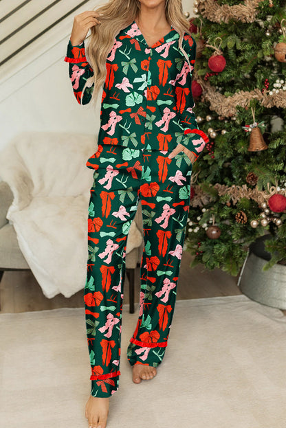 Green Festive Bow Print Contrast Ruffle Trim Shirt Style 2pcs Pajama Pant Set