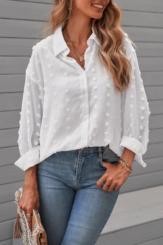 Elegant White Fuzzy Polka Dot Button-Up Shirt