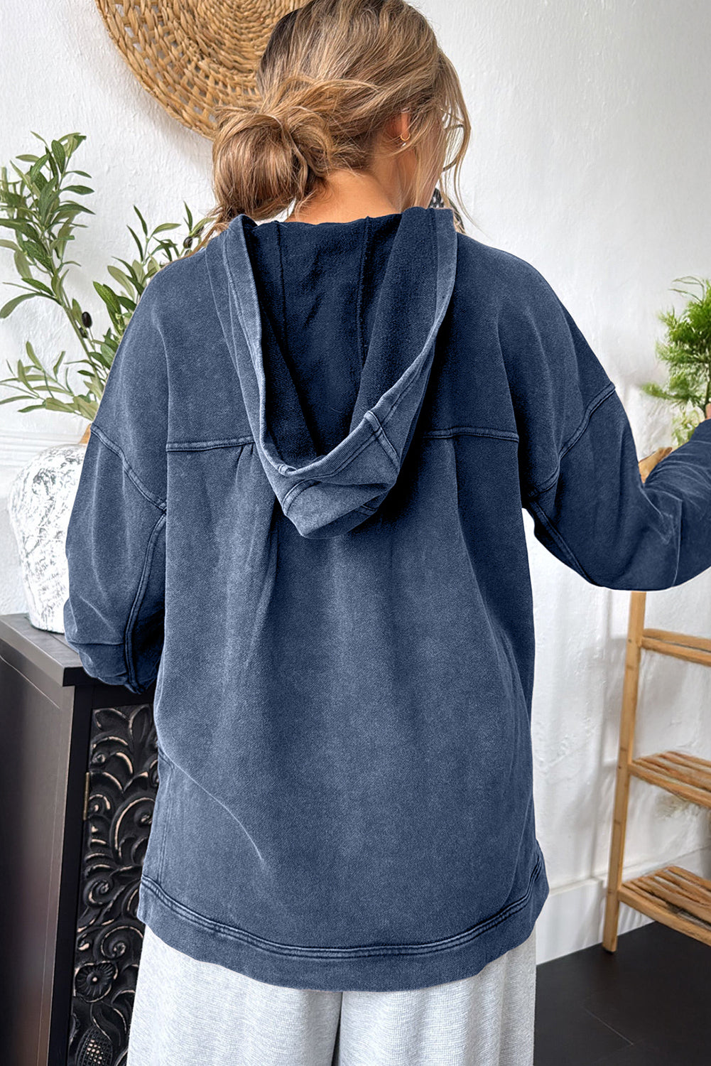 Dark Grey Mineral Wash Seam Detail Half Button Baggy Hooded Sweatshirt