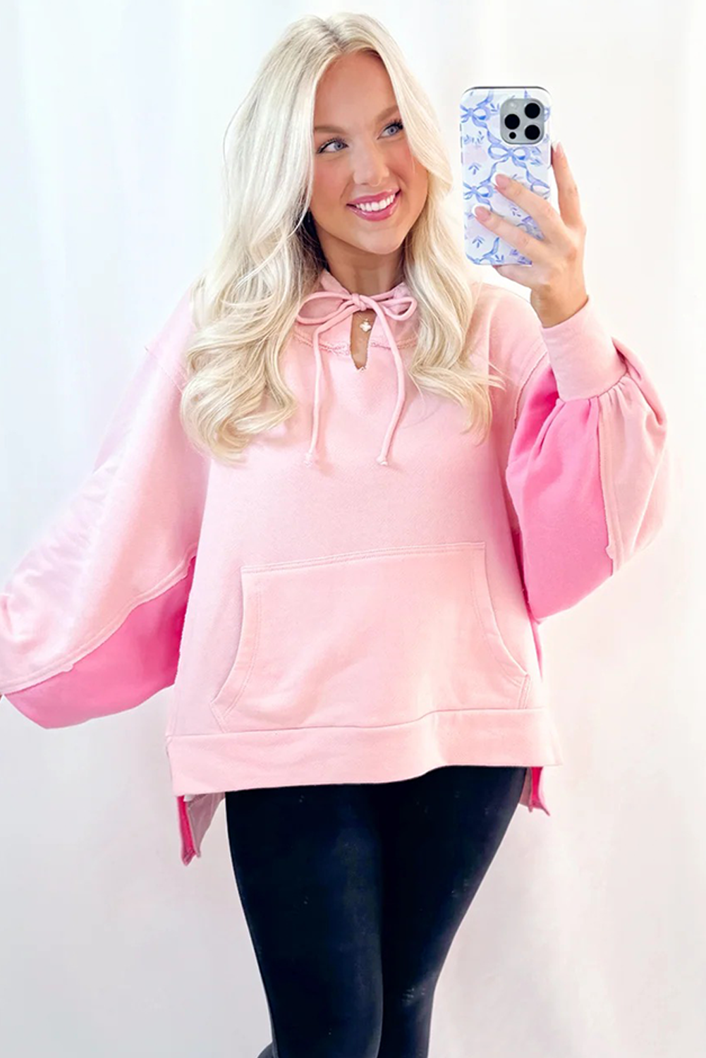 Light Pink Color Block Patchwork Balloon Sleeve Kangaroo Pouch High Low Hoodie