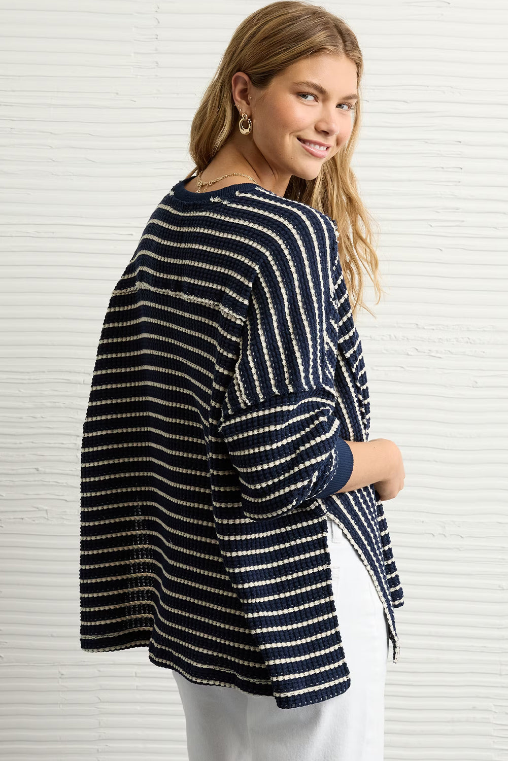 Blue Stripe Ribbed Patchwork Drop Shoulder Side Slit Oversize Sweatshirt