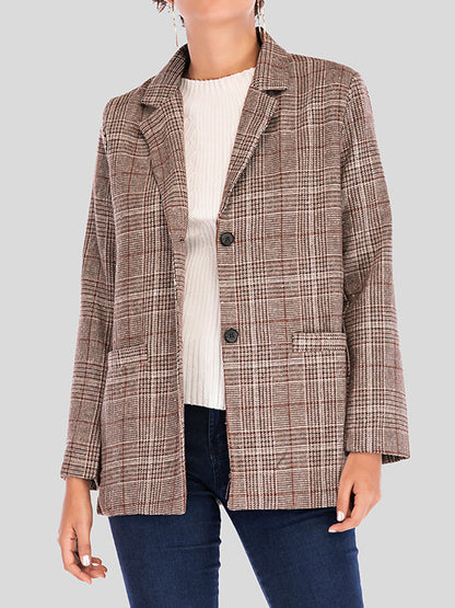 Coats - Plaid Notched Lapel One Button Houndstooth Coat - MsDressly