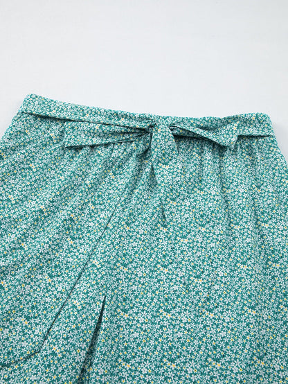 Green Floral Boho Tie-Waist Wide Leg Pants for Curvy Fashionistas