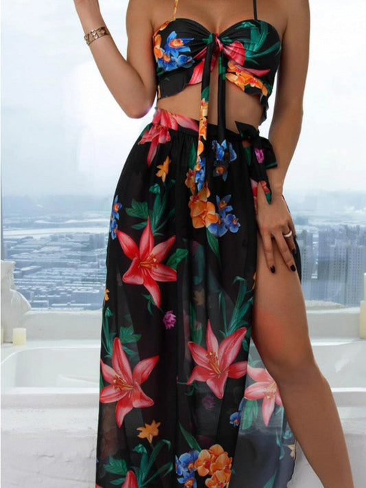 Floral Black Bikini Set with Front Twist and Cover-up