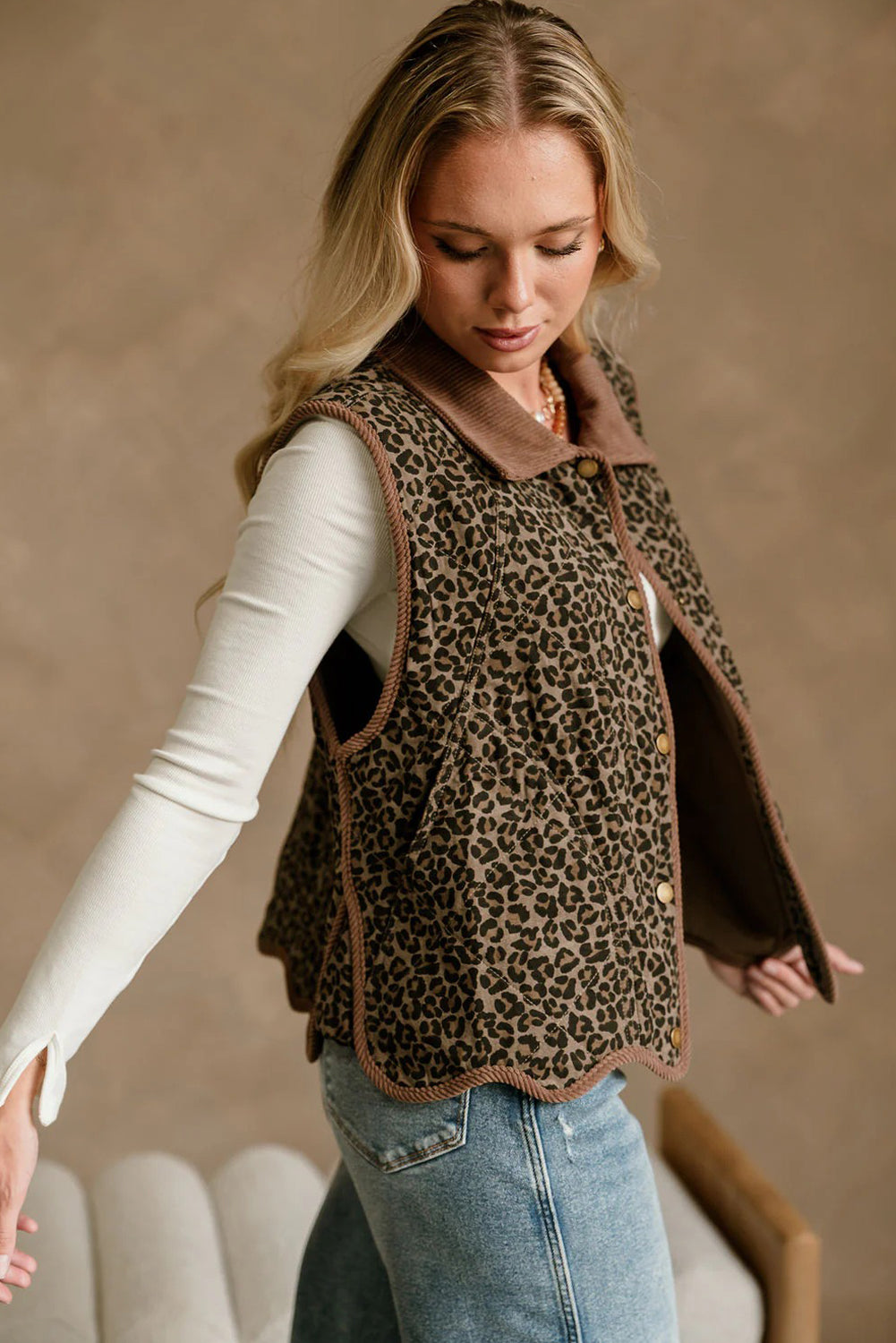 Khaki Stitched Leopard Print Corduroy Trim Contrast Collar Patchwork Vest