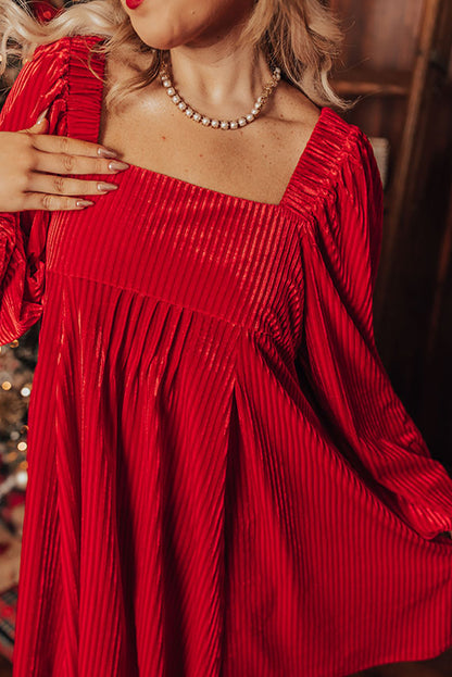 Racing Red Textured Velvet Square Neck Bubble Sleeve Plus Mini Dress