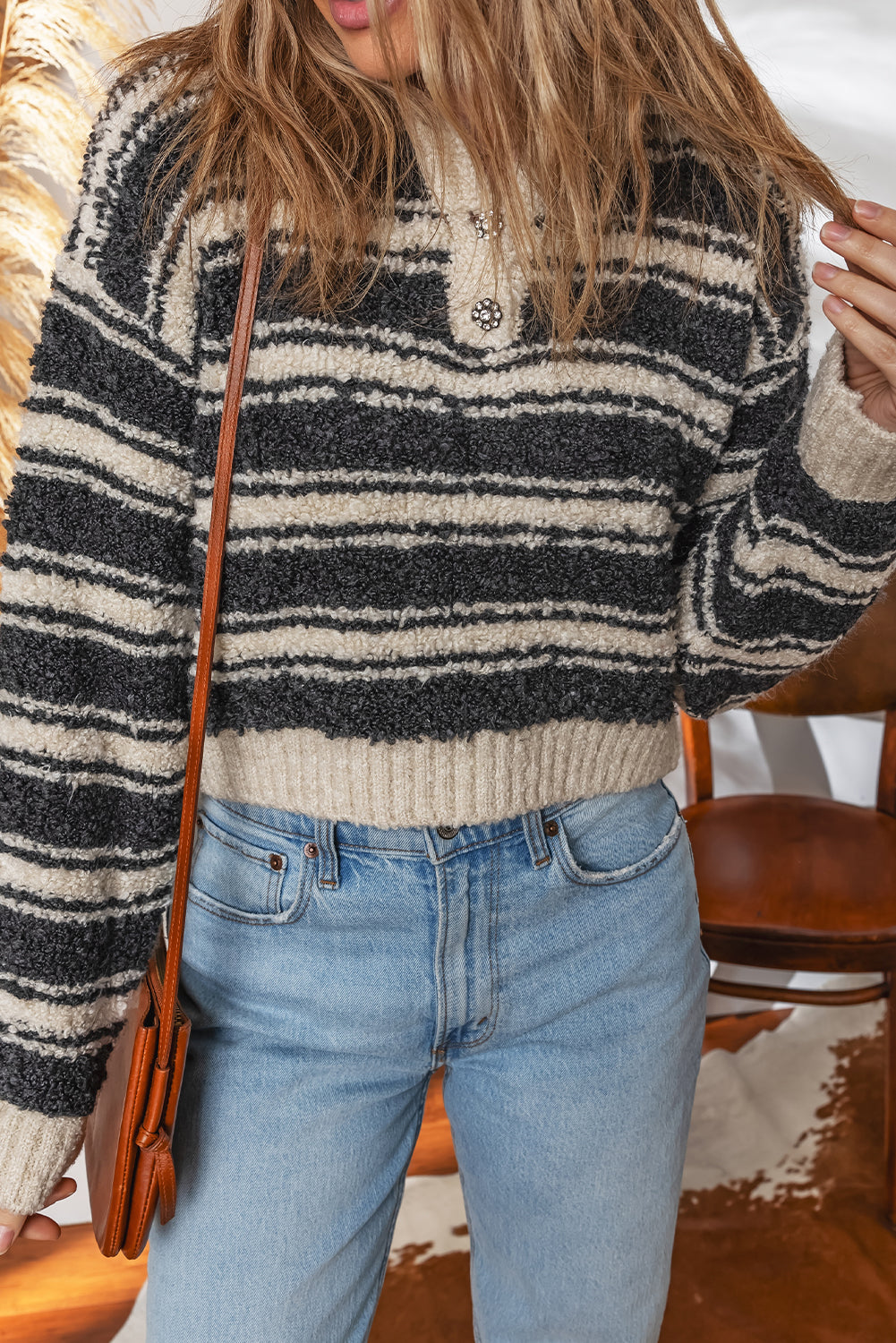 Black Stripe Fuzzy Knit Button V Neck Cropped Sweater